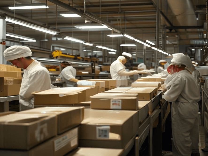 Workers packaging and labeling food products in a co-packing facility