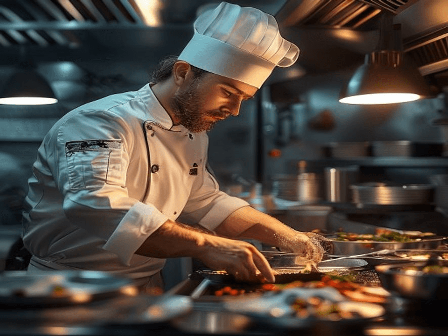 Chef plating food in a commercial restaurant kitchen