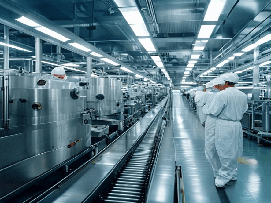 Food manufacturing production line with mixing machines and workers