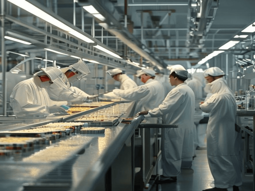 Workers in lab coats and hairnets inspecting products on a food manufacturing line
